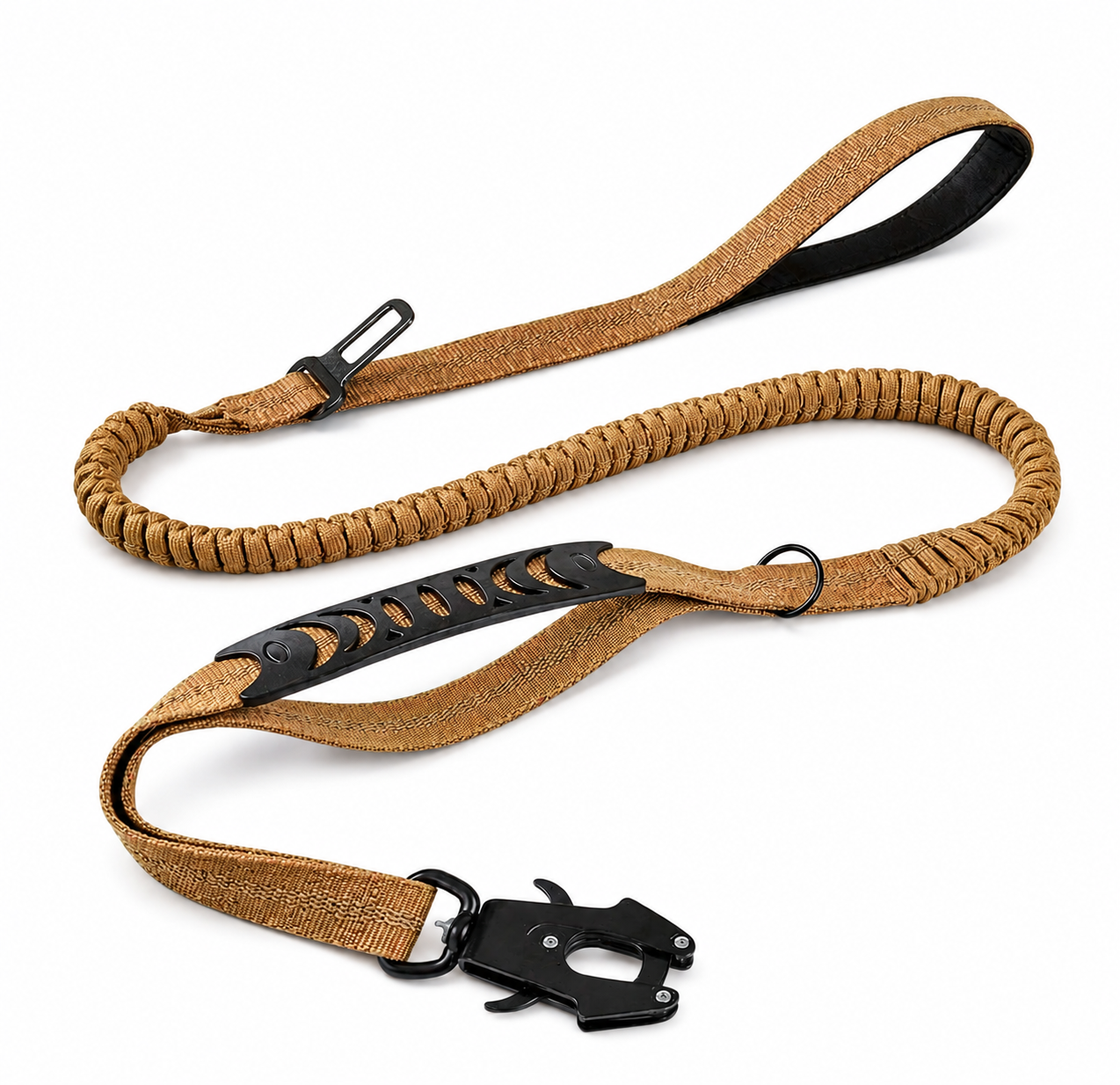 Khaki durable dog lead with seatbelt attachment clip, close contact, poo bag holder, reflective stitching, shock-absorbing bungee section, and padded comfort handle. Ideal for car travel, walking, running, and everyday pet safety.