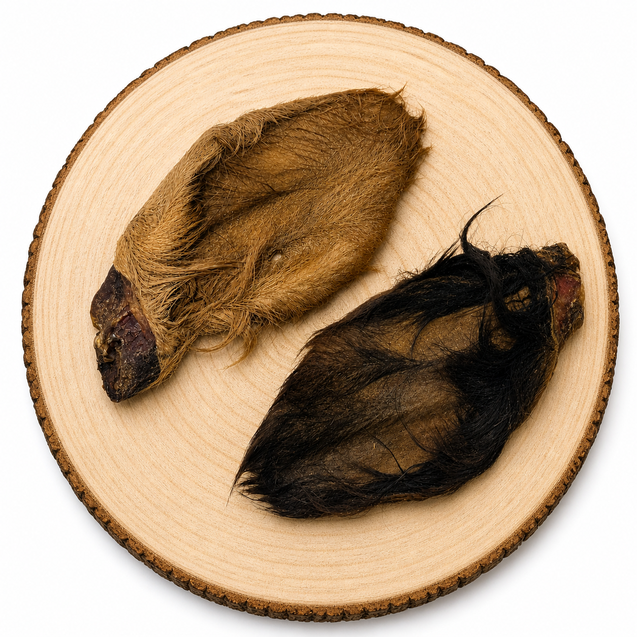 Beef ears with hair dog chew treats on wooden log, natural high protein long lasting dog treat