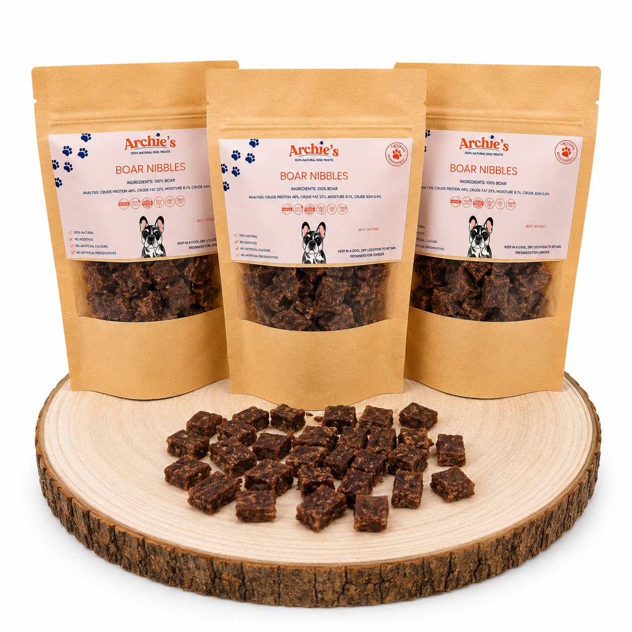 Natural Boar training nibbles for dogs made with high protein meat treats, perfect for reward based training and healthy snacking.