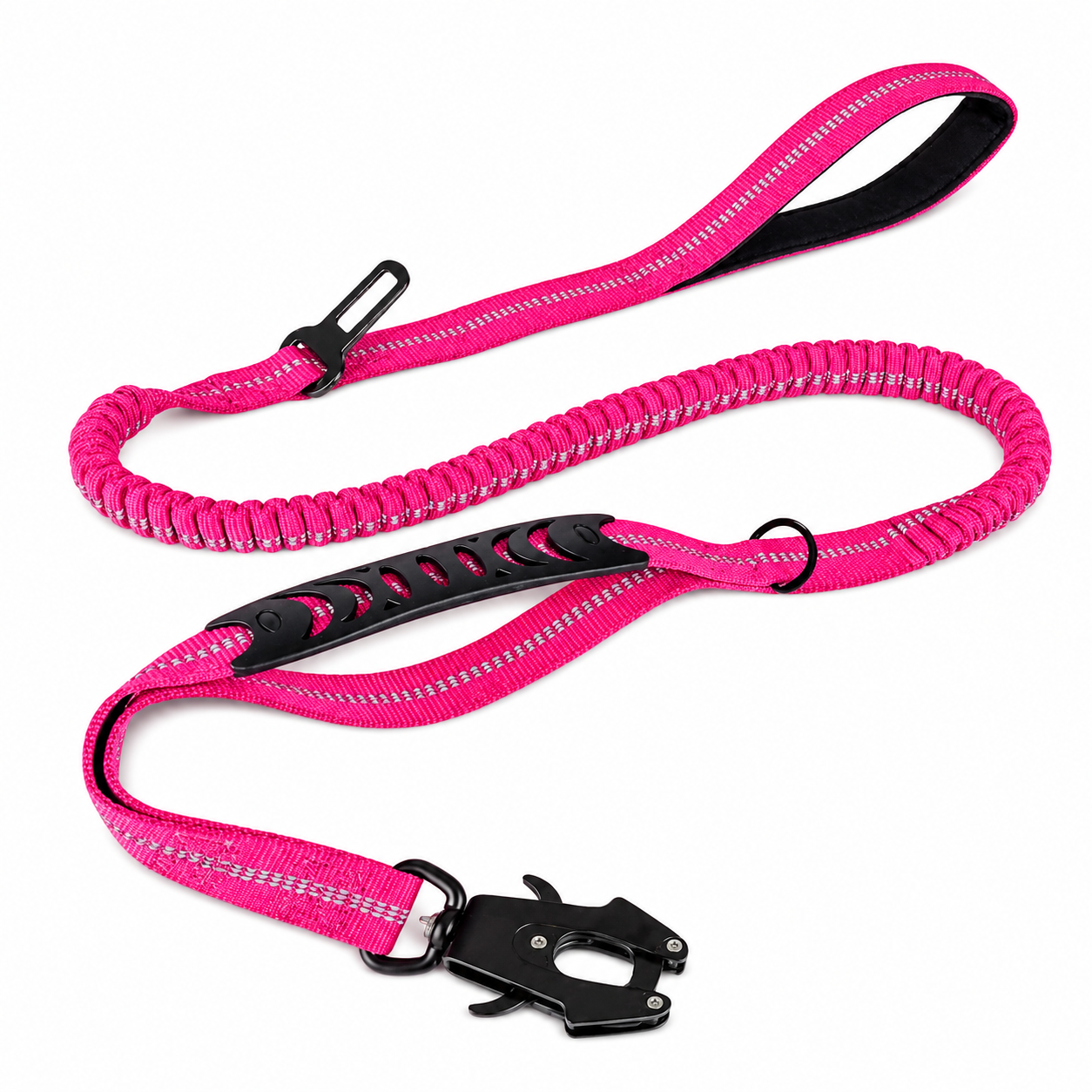 Pink durable dog lead with seatbelt attachment clip, close contact, poo bag holder,  reflective stitching, shock-absorbing bungee section, and padded comfort handle. Ideal for car travel, walking, running, and everyday pet safety.