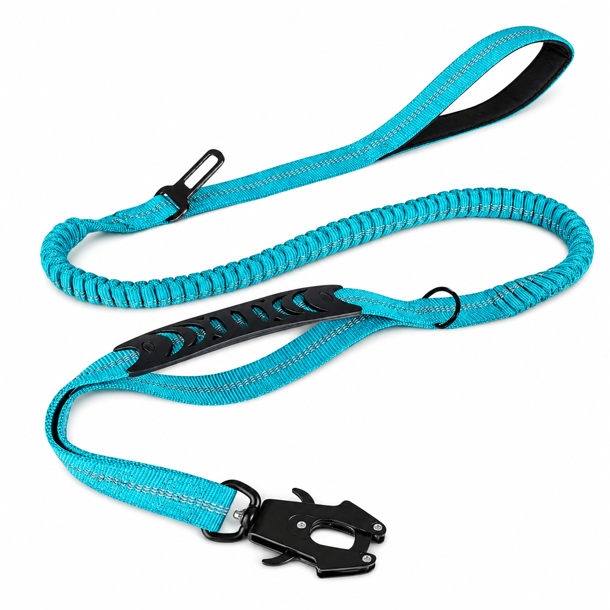 Sly blue durable dog lead with seatbelt attachment clip, close contact, poo bag holder,  reflective stitching, shock-absorbing bungee section, and padded comfort handle. Ideal for car travel, walking, running, and everyday pet safety.