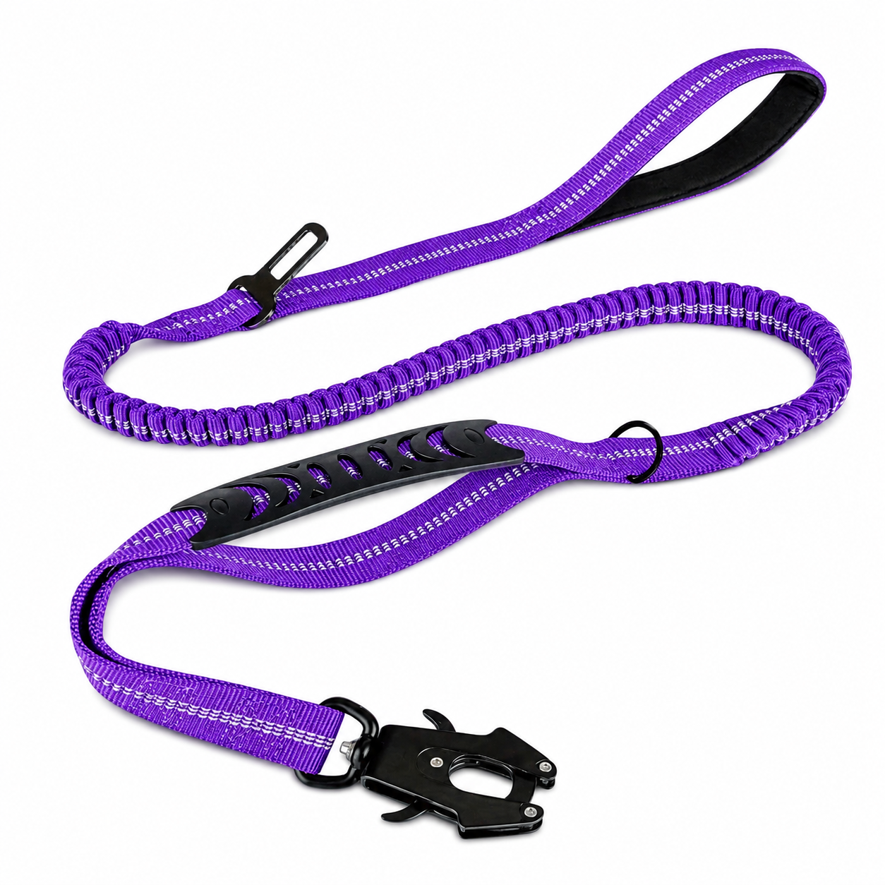 Purple durable dog lead with seatbelt attachment clip, close contact, poo bag holder,  reflective stitching, shock-absorbing bungee section, and padded comfort handle. Ideal for car travel, walking, running, and everyday pet safety.