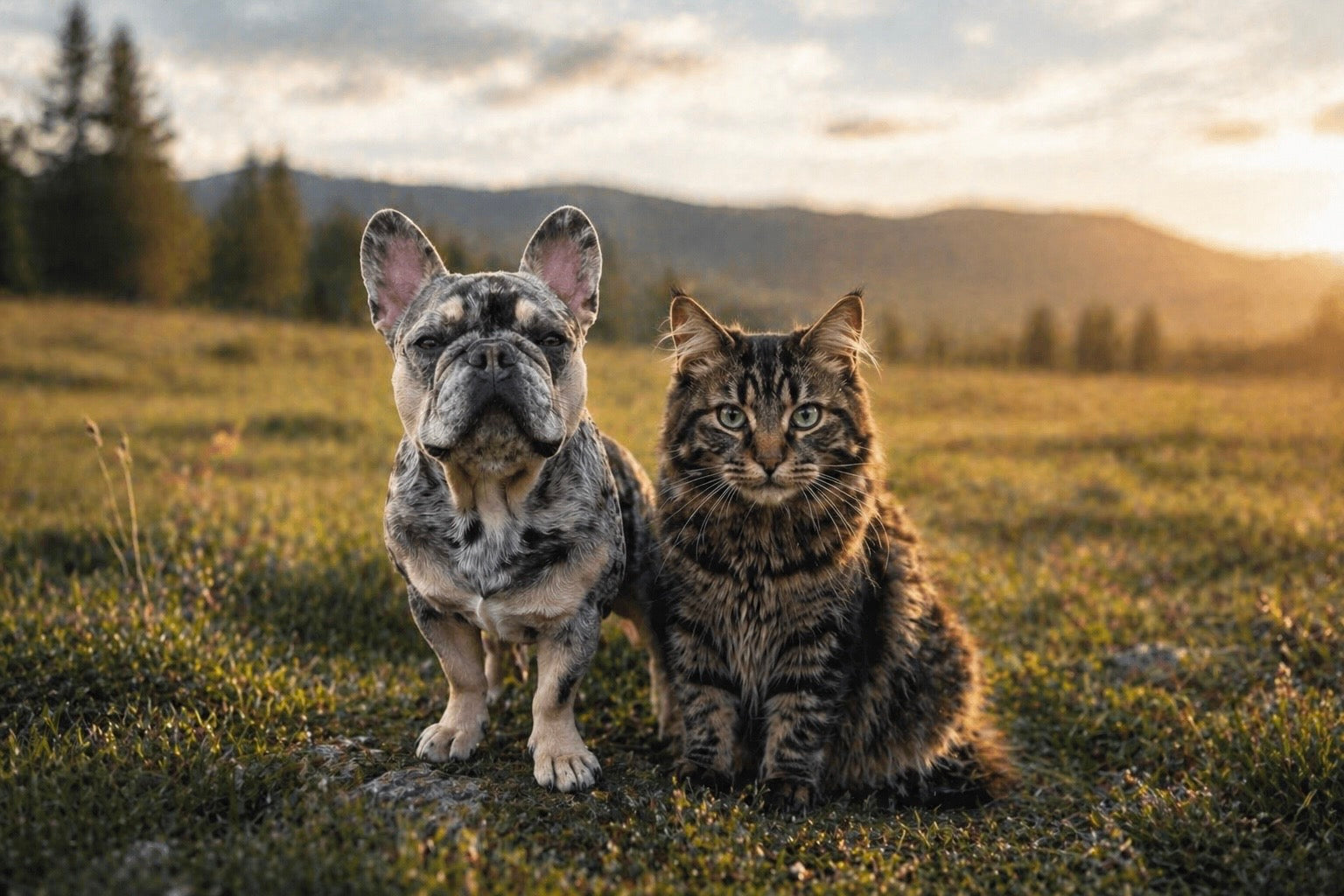 Dog and cat sitting together in a field with mountains in the background waiting for their treats