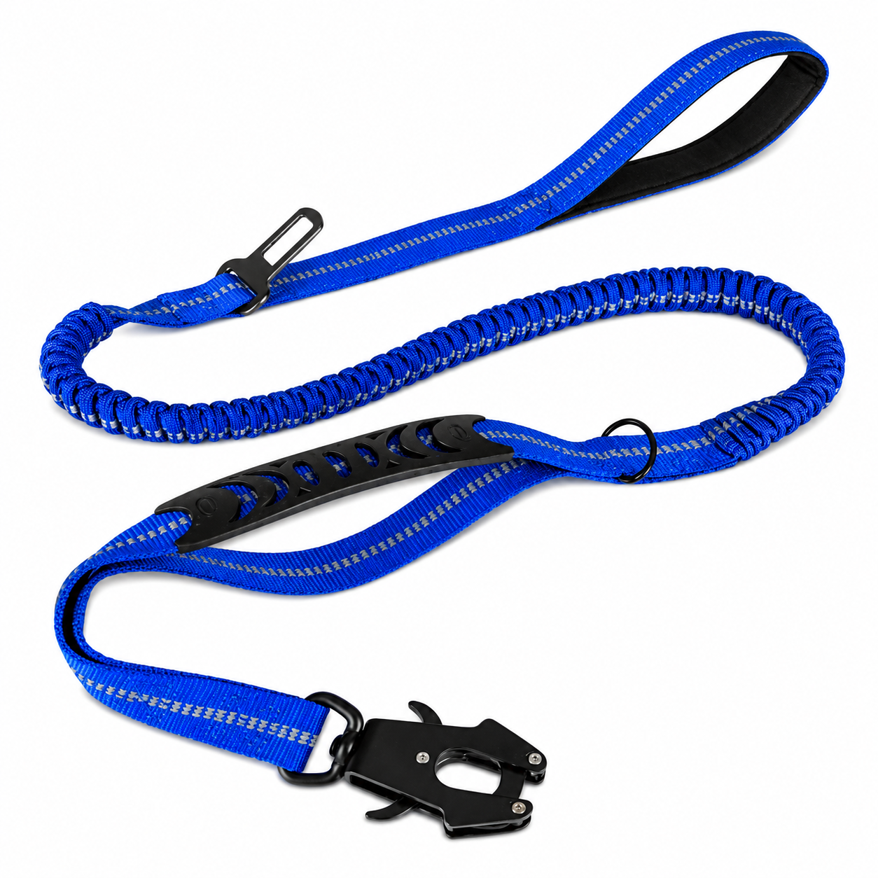 Blue durable dog lead with seatbelt attachment clip, close contact, poo bag holder,  reflective stitching, shock-absorbing bungee section, and padded comfort handle. Ideal for car travel, walking, running, and everyday pet safety.