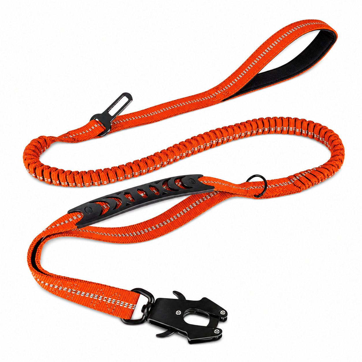 Orange durable dog lead with seatbelt attachment clip, close contact, poo bag holder,  reflective stitching, shock-absorbing bungee section, and padded comfort handle. Ideal for car travel, walking, running, and everyday pet safety.