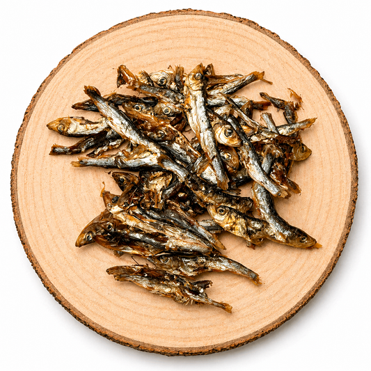 Baltic sprats dog treats on wooden slice, natural high protein fish snacks for dogs