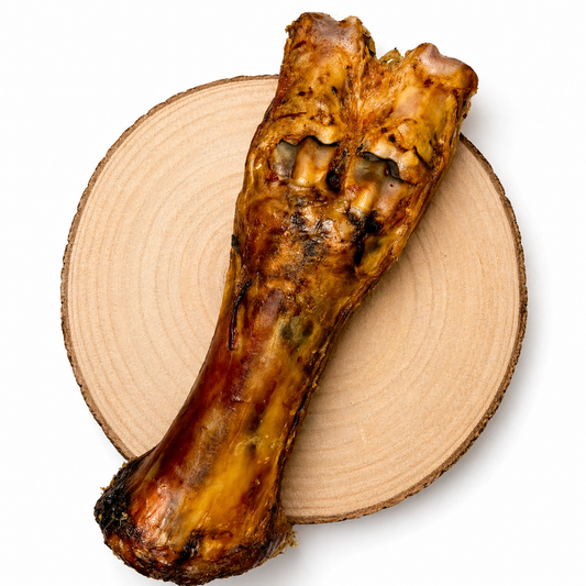 Beef leg bone dog chew on wooden slice, natural long lasting high protein dog treat
