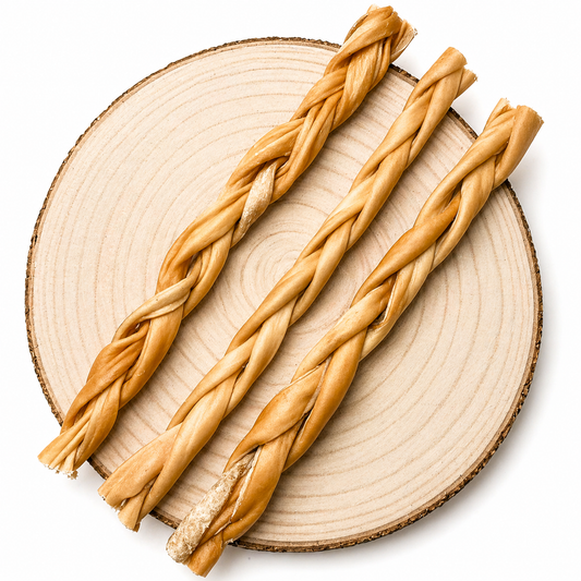 Braided beef dog chews arranged diagonally on a natural wooden slice.