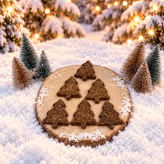 Christmas tree shaped dog treats in turkey and cranberry flavour.