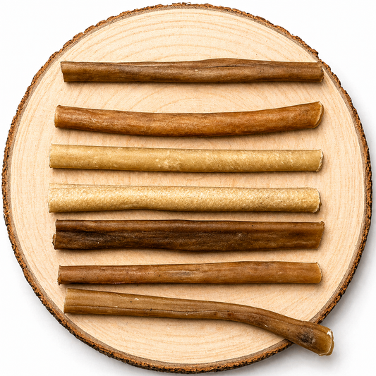 Natural buffalo collagen sticks for dogs long lasting chew treats on wooden board