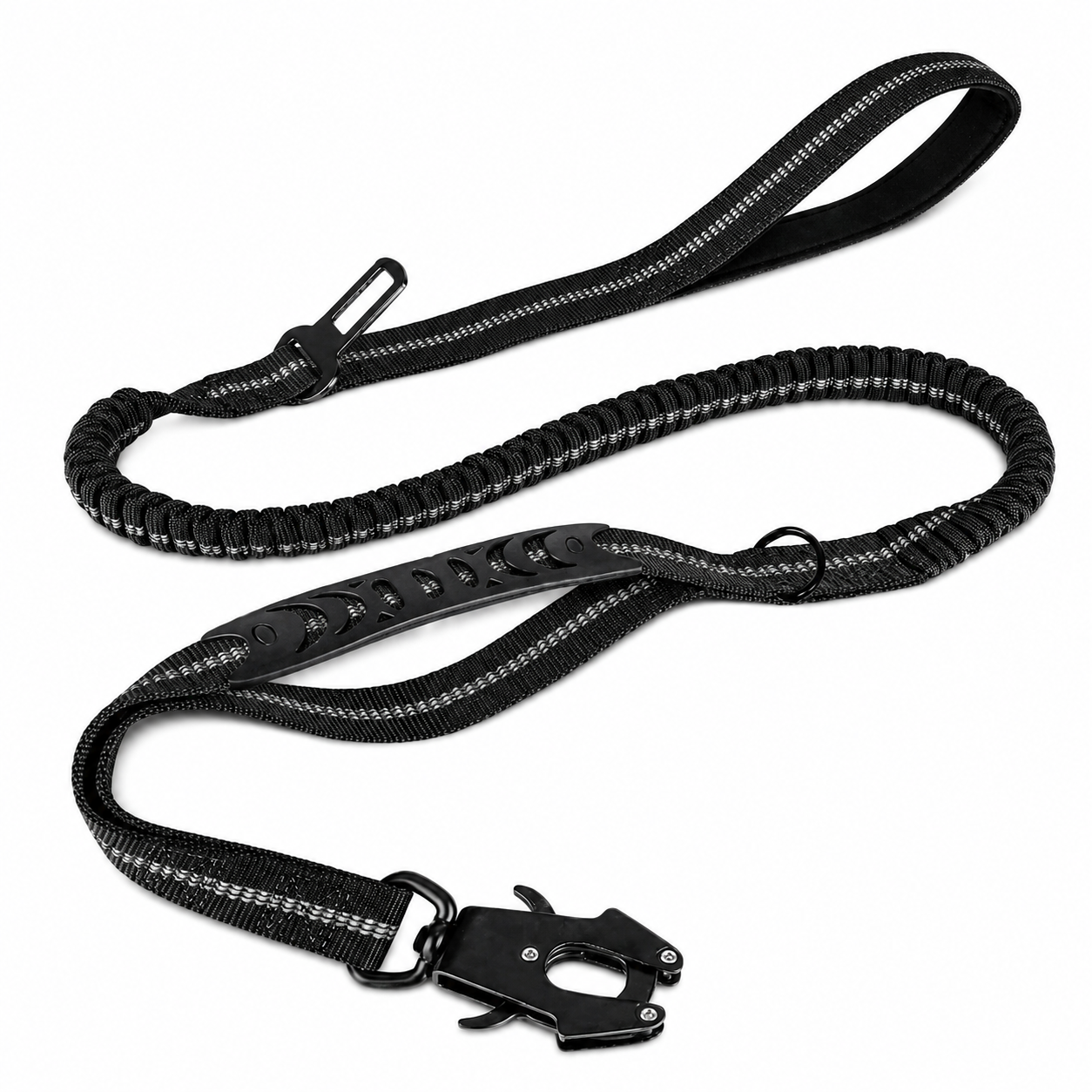 Black durable dog lead with seatbelt attachment clip, close contact, poo bag holder,  reflective stitching, shock-absorbing bungee section, and padded comfort handle. Ideal for car travel, walking, running, and everyday pet safety.