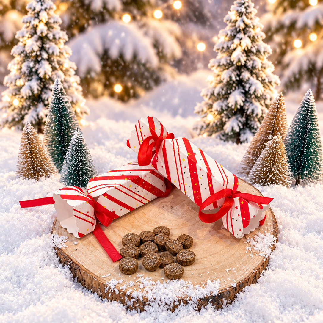 Christmas dog cracker filled with dog treats.