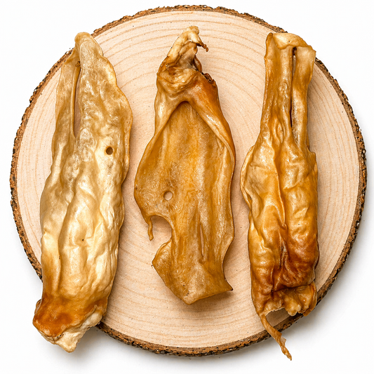 Dried goat ears dog chews arranged on wooden log background natural pet treat.