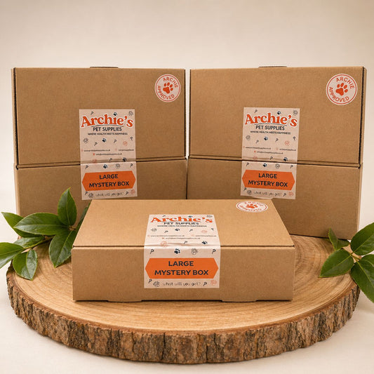 Large mystery box for dogs with assorted natural treats and chews, surprise dog treat box
