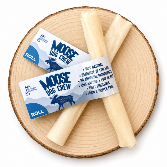 Moose Dog chew dog treat on a wooden log