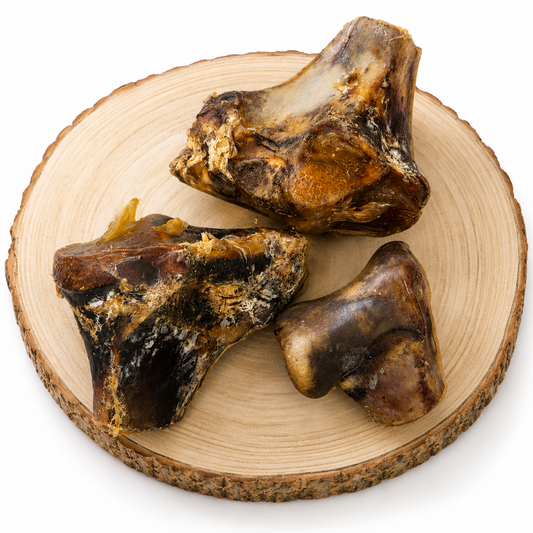 Small and large ostrich knuckle dog treats on a wooden log.