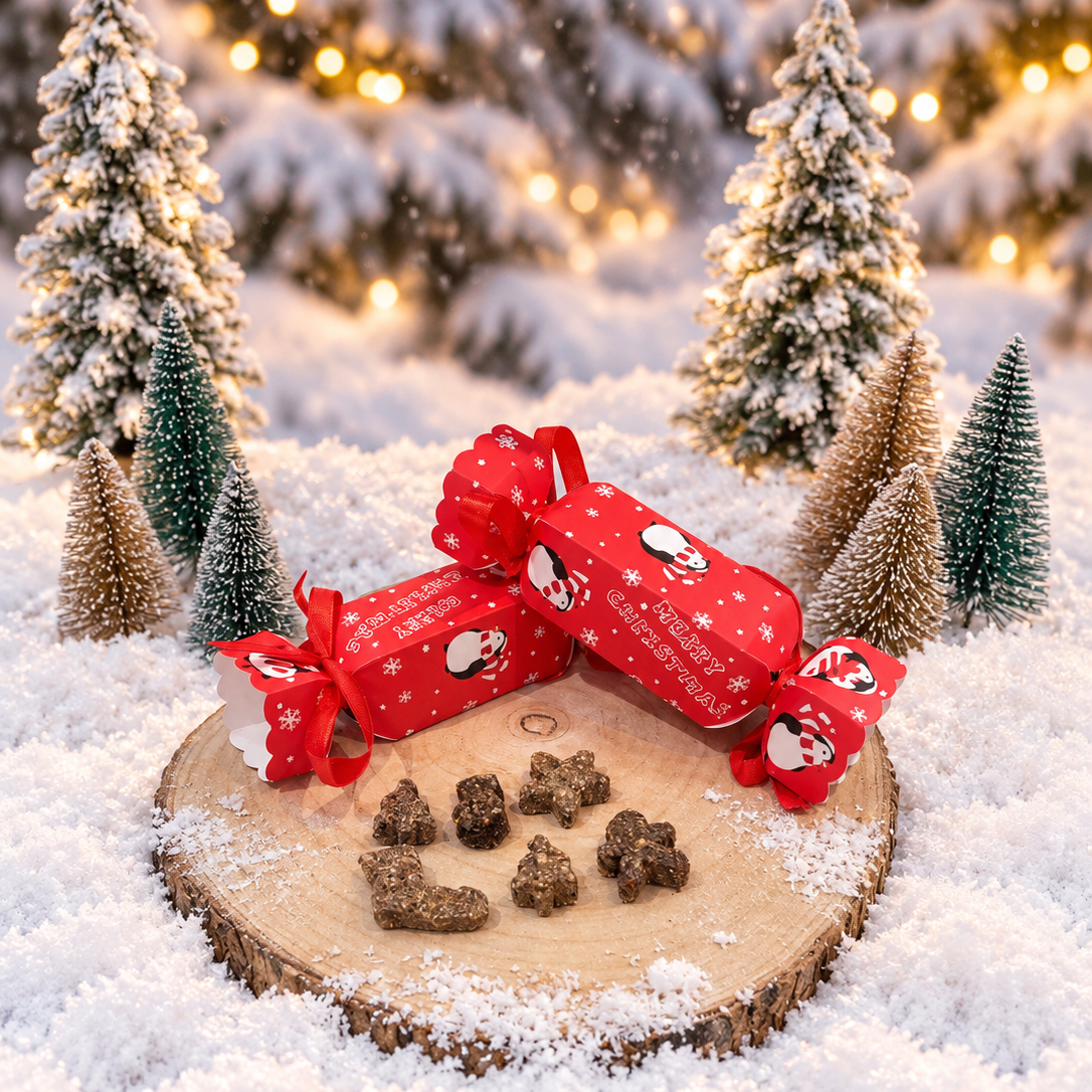 Christmas cracker for dogs. filled with dog treats that are chicken free.