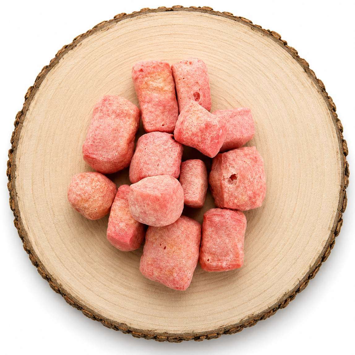 Strawberry yak puff dog treat on a wooden log.