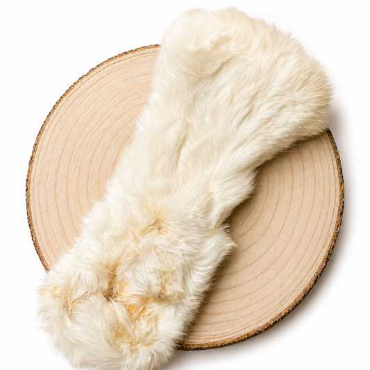 XL rabbit skin dog chew with soft, natural fur laid flat on a round wooden slice, highlighting its fluffy texture and elongated shape. 
