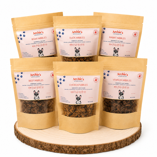 Natural training nibbles for dogs made with high protein meat treats, perfect for reward based training and healthy snacking. Flavours, Boar, Duck, Rabbit, Beef, Chicken and Venison.