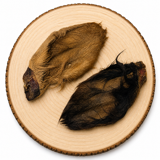 Beef ears with hair dog chew treats on wooden log, natural high protein long lasting dog treat