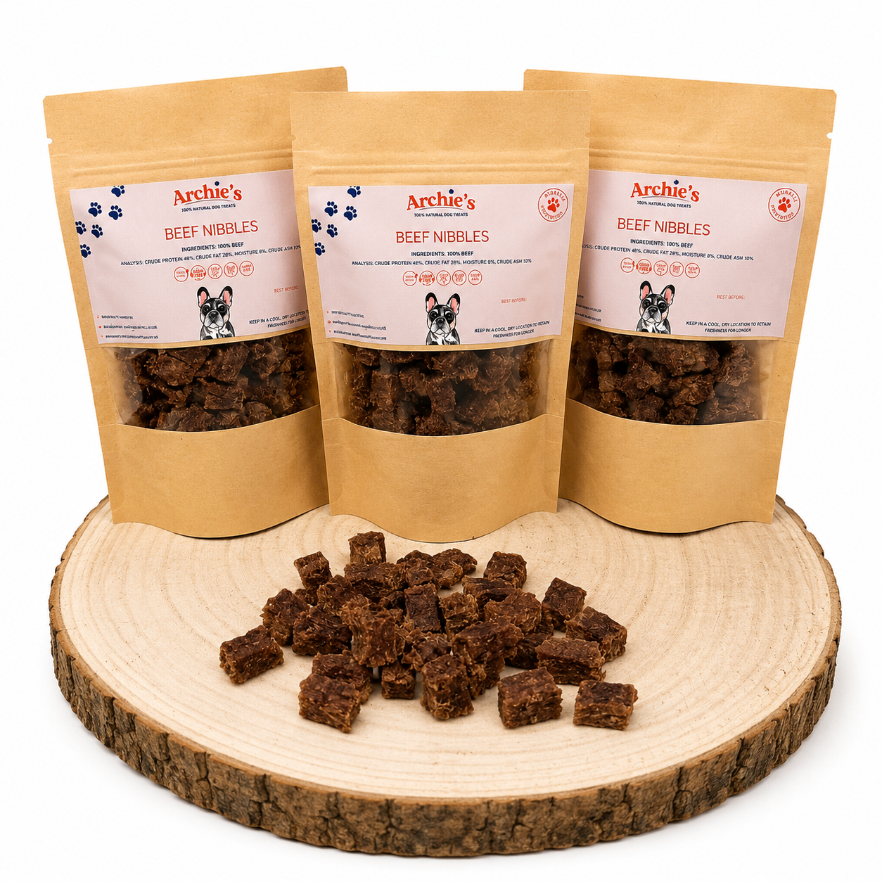 Natural Beef training nibbles for dogs made with high protein meat treats, perfect for reward based training and healthy snacking.