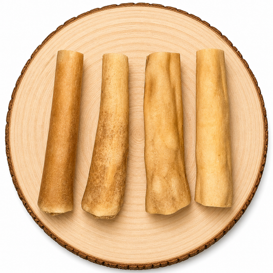 Beef tail dog chew treats, natural air-dried high-protein dog treat on wooden log.