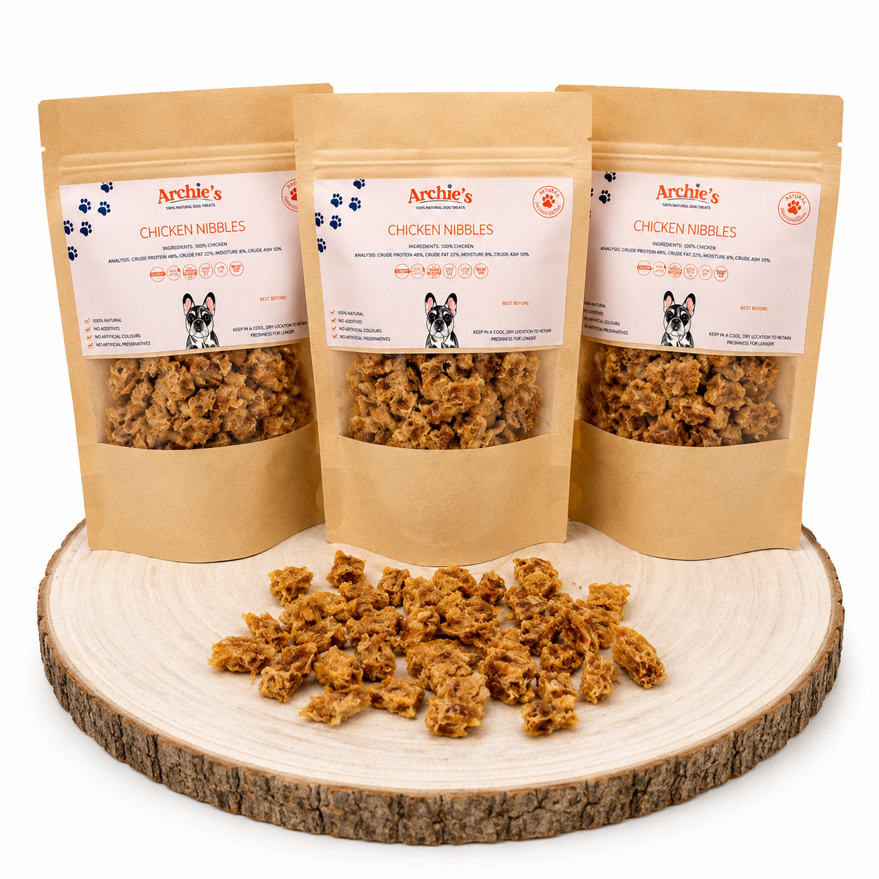 Natural Chicken training nibbles for dogs made with high protein meat treats, perfect for reward based training and healthy snacking.