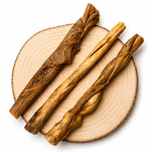 Dried goat roll dog treats displayed on wood slice, natural long-lasting chew for dogs