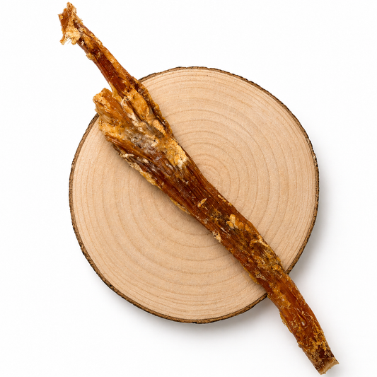 Jumbo Beef paddywack dog chew on wooden slice, natural high-protein long-lasting dog treat
