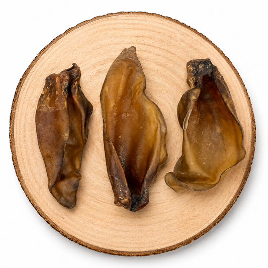 Large buffalo ears dog treats on wooden slice, natural long lasting high protein chew for dogs