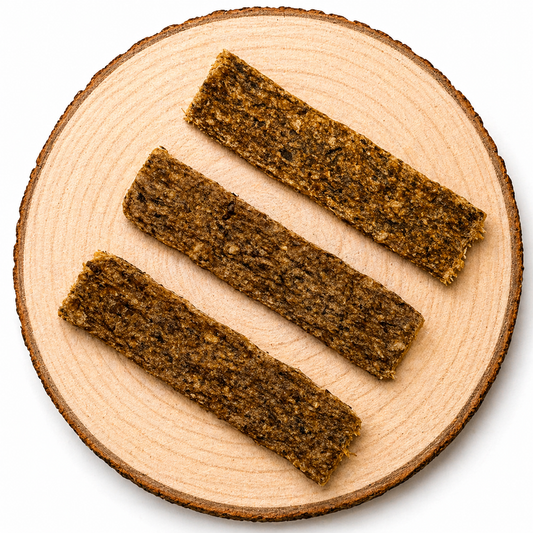 Grain-free meaty dog treat strips in boar, venison, duck, rabbit and lamb flavours on wooden board