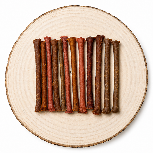 Natural meaty dog treat sticks in flavours Rabbit, Kangeroo, Venison, Ostrich and Duck displayed in a row on a natural wooden slice.