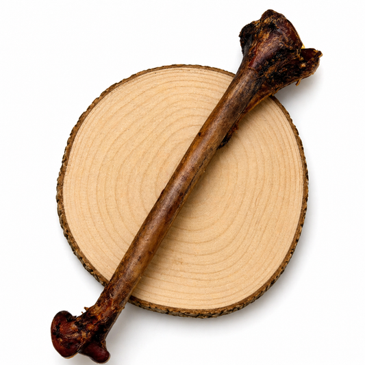 Natural ostrich bone dog chew on wooden slice, long lasting high protein dog treat