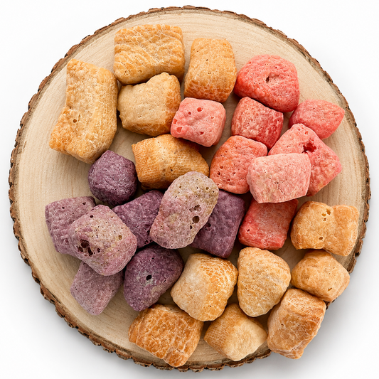 Puffed Yak Chews dog treat in flavours original, strawberry, raspberry and sleepy on a wooden log. 