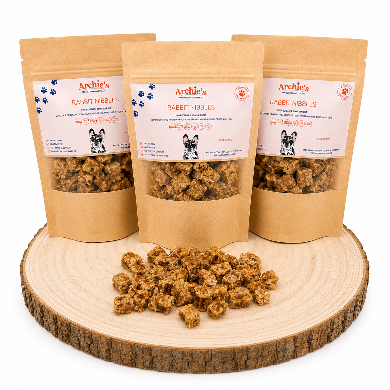 Natural Rabbit training nibbles for dogs made with high protein meat treats, perfect for reward based training and healthy snacking.
