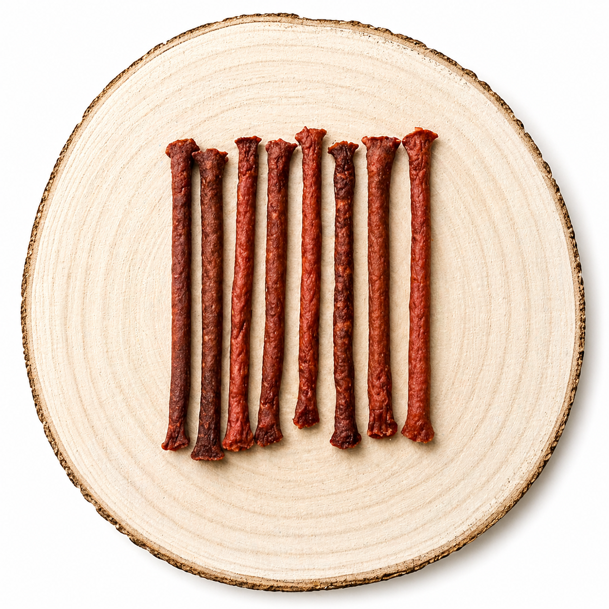 Natural Rabbit meaty dog treat sticks displayed in a row on a natural wooden slice.