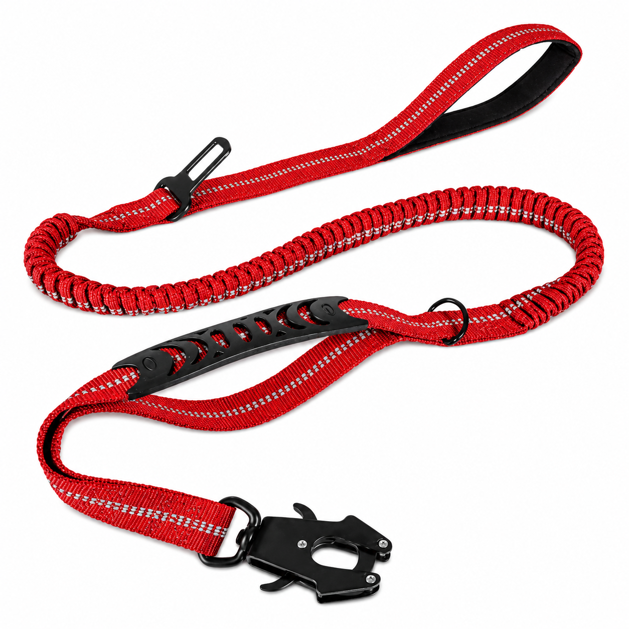Red durable dog lead with seatbelt attachment clip, close contact, poo bag holder,  reflective stitching, shock-absorbing bungee section, and padded comfort handle. Ideal for car travel, walking, running, and everyday pet safety.