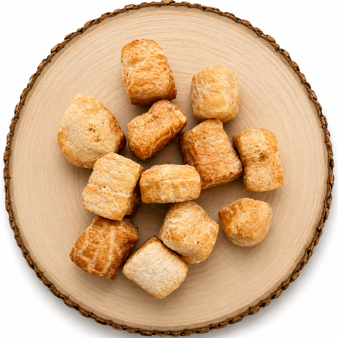 Chamomile yak puffs on a wooden log.