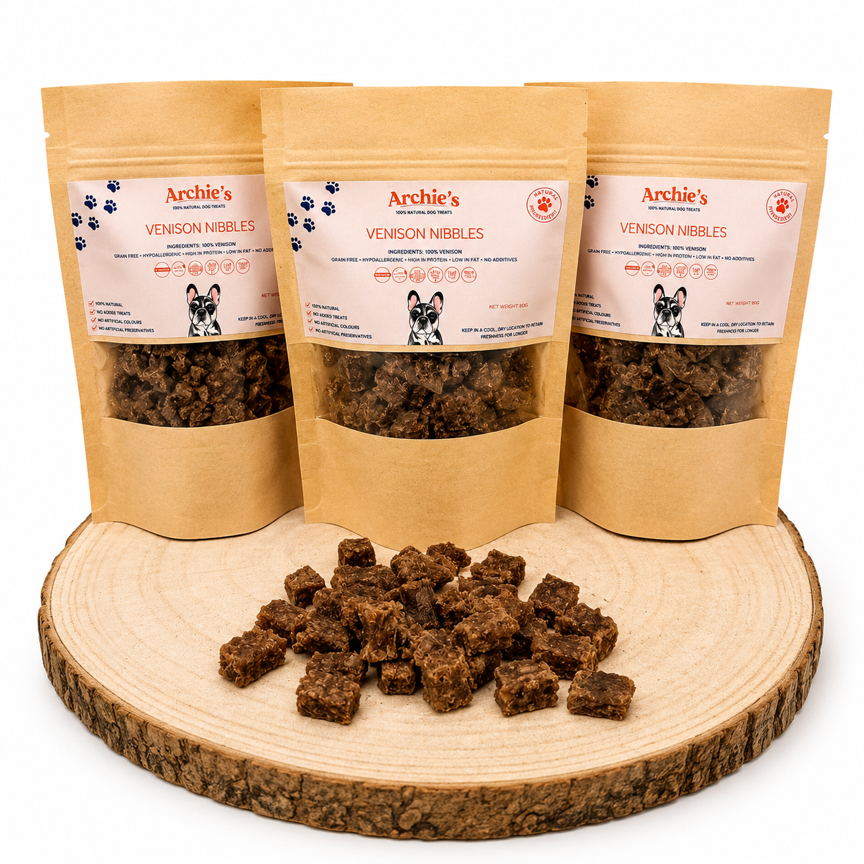 Natural Venison training nibbles for dogs made with high protein meat treats, perfect for reward based training and healthy snacking.